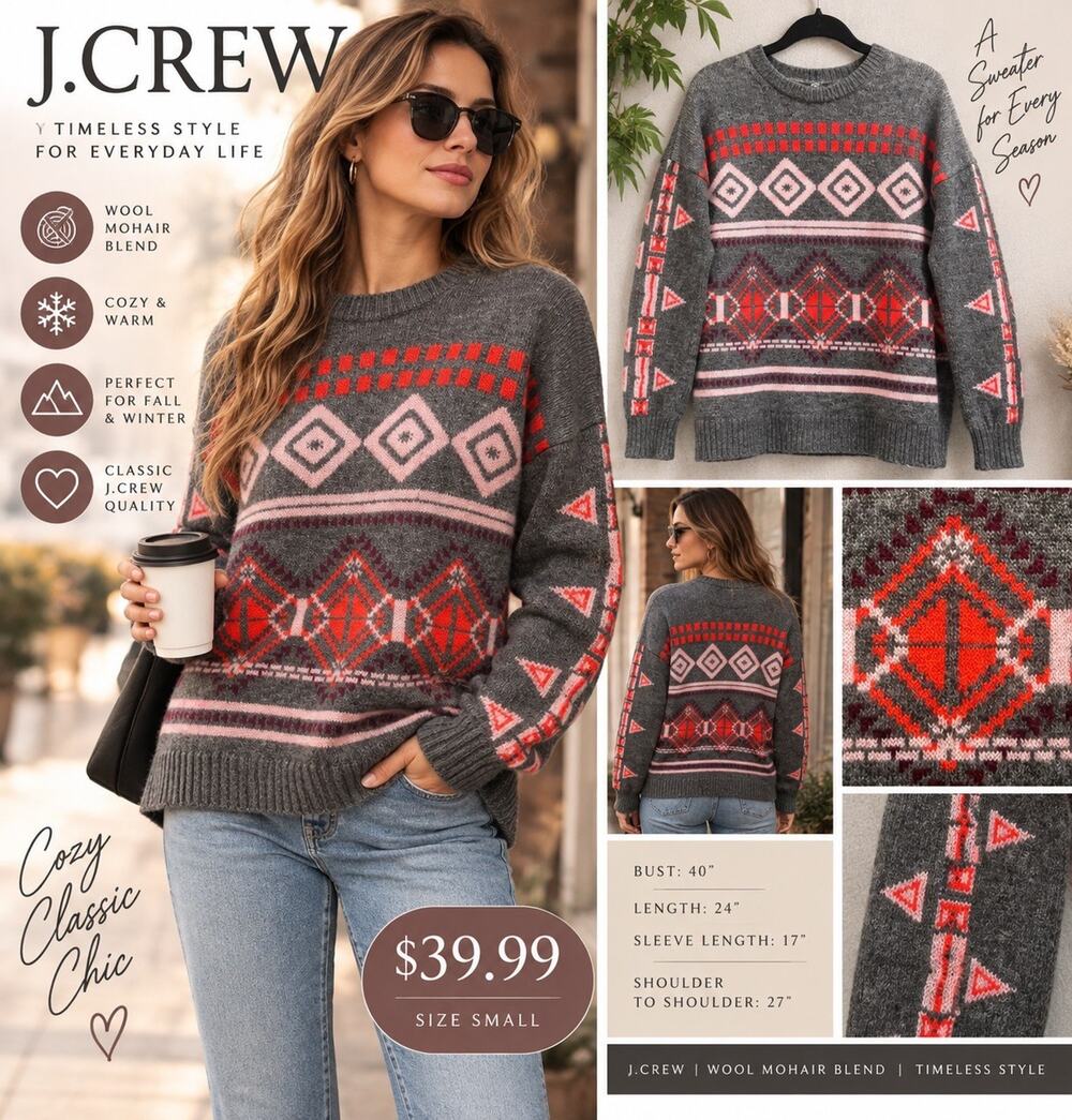 J.Crew Women’s S Fair Isle Wool Mohair Sweater Gray Pink Red Geometric Nordic